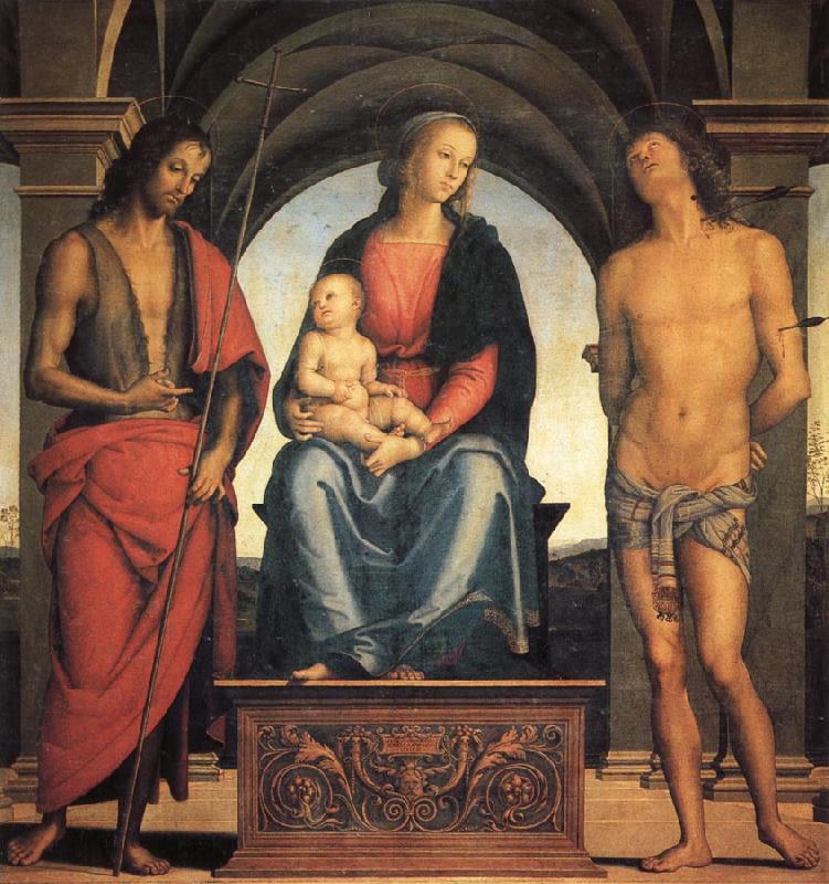 PERUGINO, Pietro Madonna and Child Enthroned with SS.John the Baptist and Sebastian oil painting image